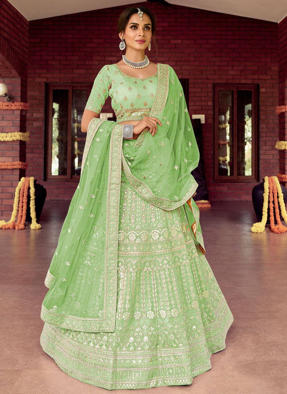 Green Resham Lehenga Choli Clothsvilla