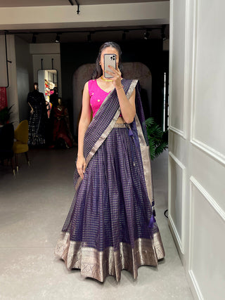 Wine Color Zari Weaving Work Organza Lehenga Choli ClothsVilla.com