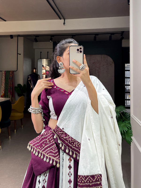 Wine Color Original Mirror Work With Bandhani Printed Cotton Chaniya Choli ClothsVilla.com