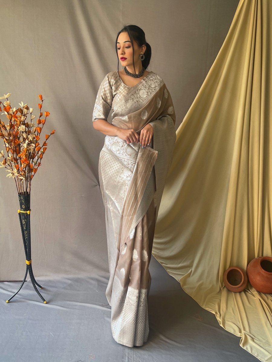 Paheli Linen Silk Woven Saree Brown Grey Clothsvilla Main image
