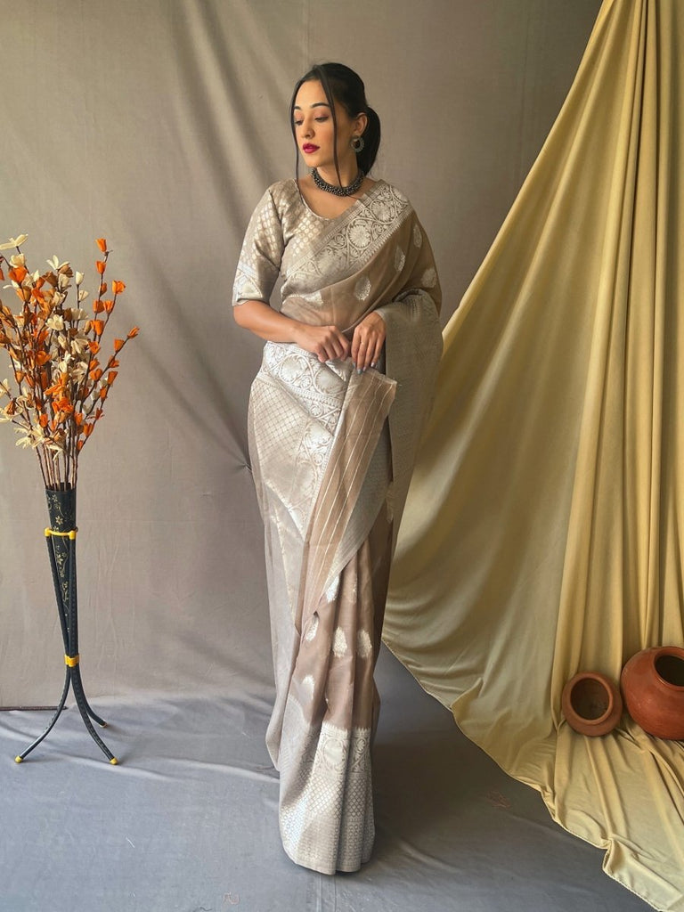 Paheli Linen Silk Woven Saree Brown Grey Clothsvilla