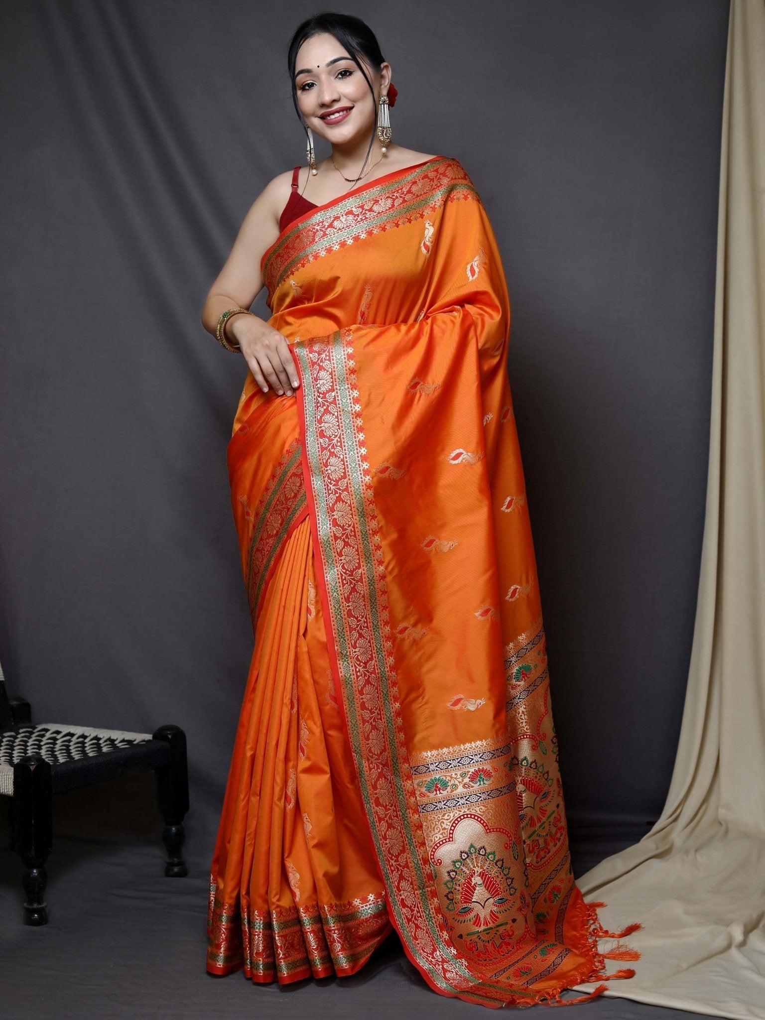 Paithani Silk Peacock Zari Contrast Border Woven Saree Mustard Clothsvilla