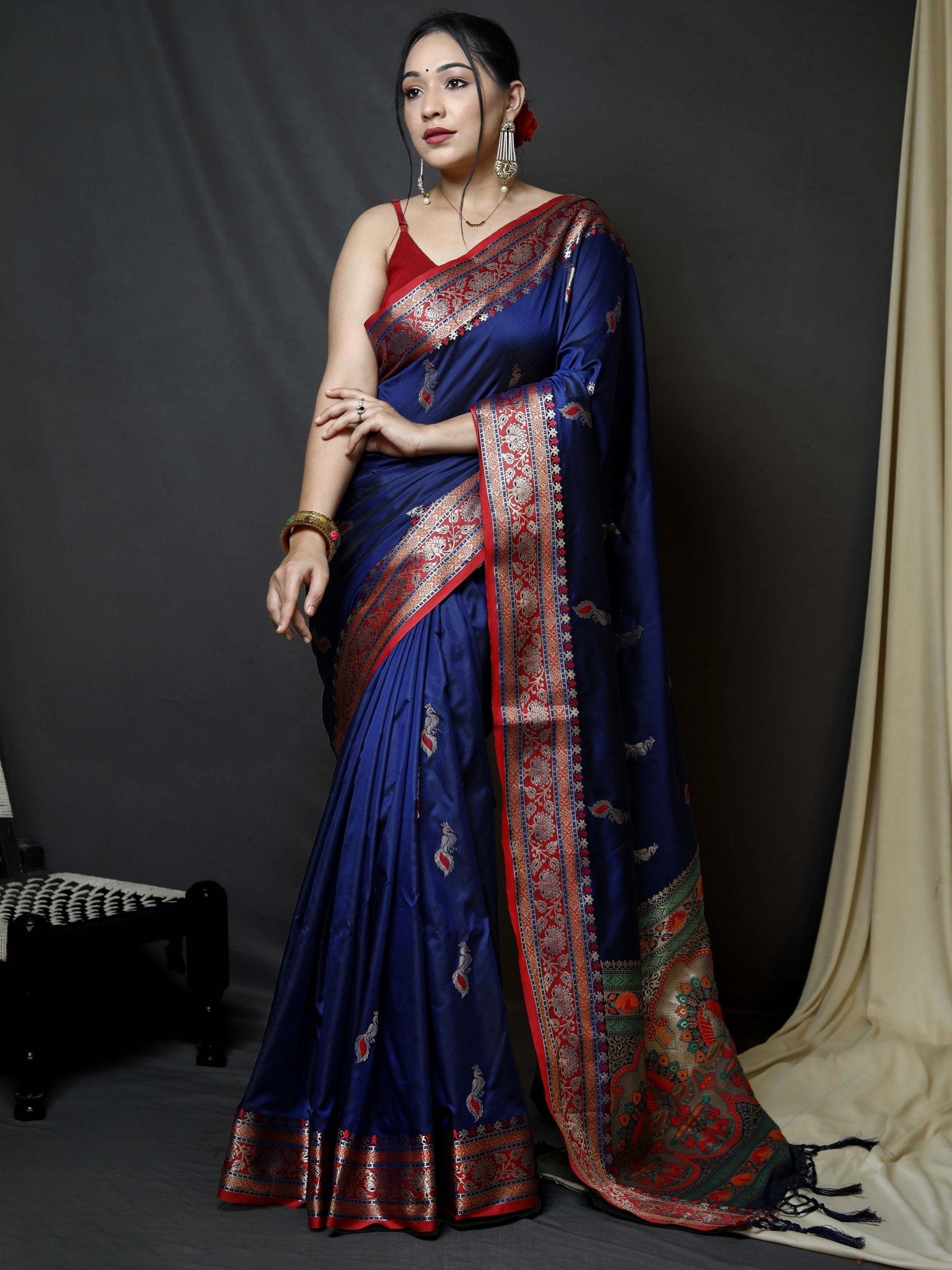 Paithani Silk Peacock Zari Contrast Border Woven Saree Navy Blue Clothsvilla