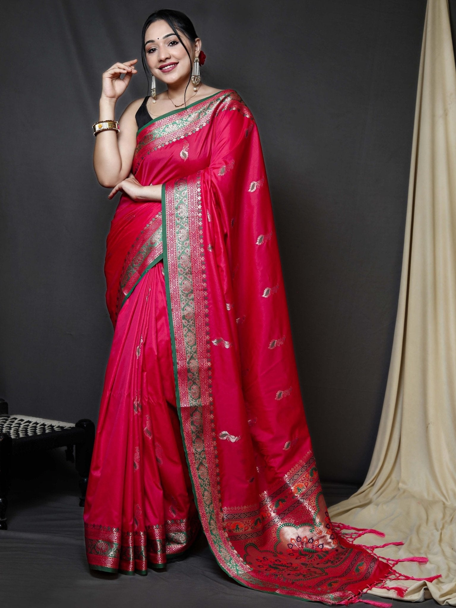 Paithani Silk Peacock Zari Contrast Border Woven Saree Pink Clothsvilla