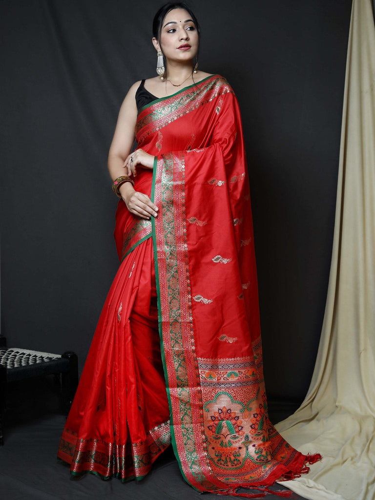 Paithani Silk Peacock Zari Contrast Border Woven Saree Red Clothsvilla