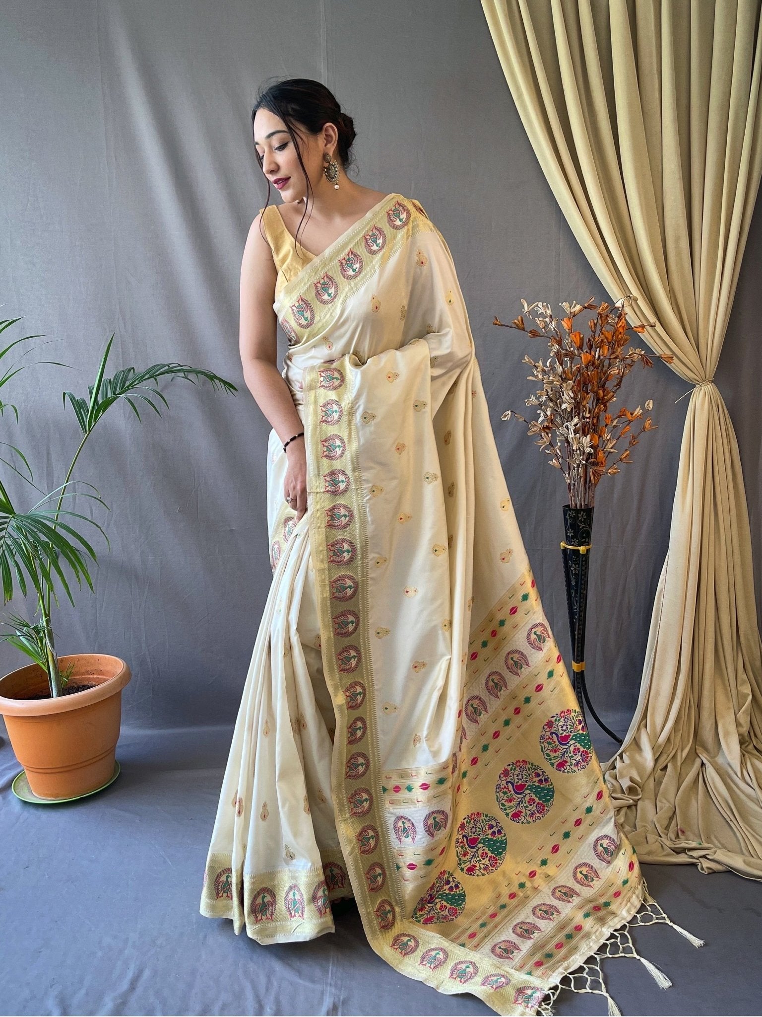 Paithani Silk Vol. 3 Woven Saree Pastel Ivory Clothsvilla Main image