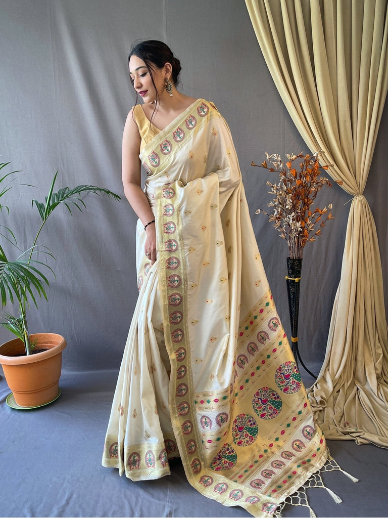 Paithani Silk Vol. 3 Woven Saree Pastel Ivory Clothsvilla