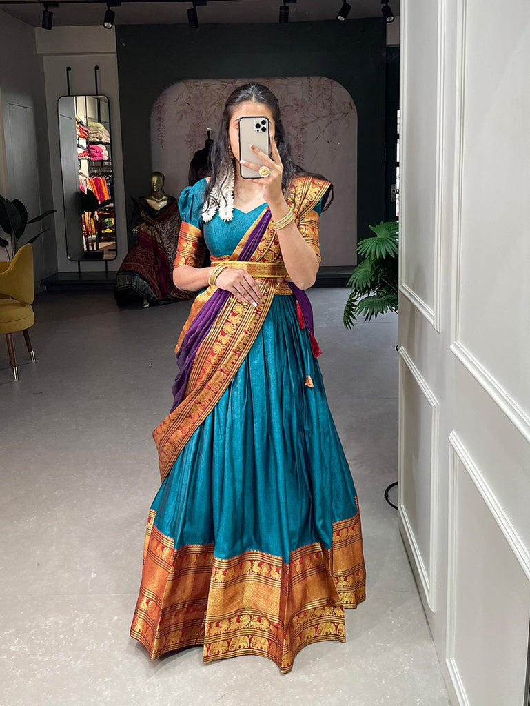 Firozi Color Zari Weaving Work Narayan Pet Cotton Hyderabadi Lehenga Choli Clothsvilla