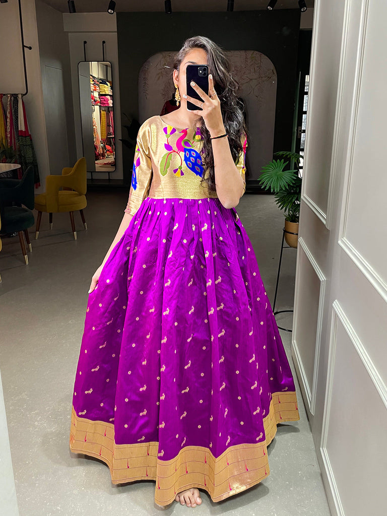 Purple Color Weaving Zari Work Jacquard Silk Paithani Gown Clothsvilla