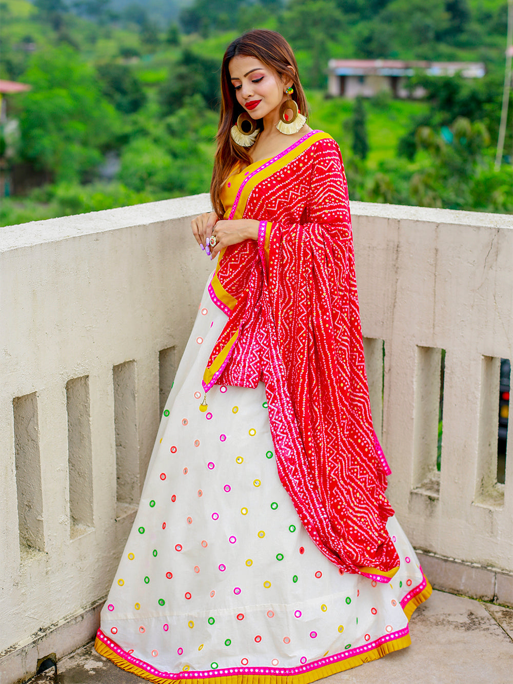 White Color Paper Mirror Work with Lace Border And Pure Cotton Lahenga Clothsvilla