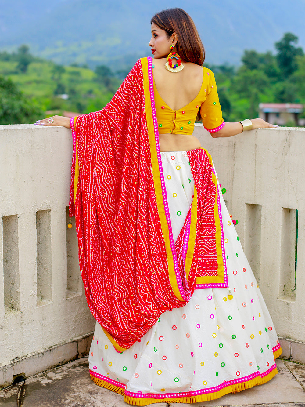 White Color Paper Mirror Work with Lace Border And Pure Cotton Lahenga Clothsvilla