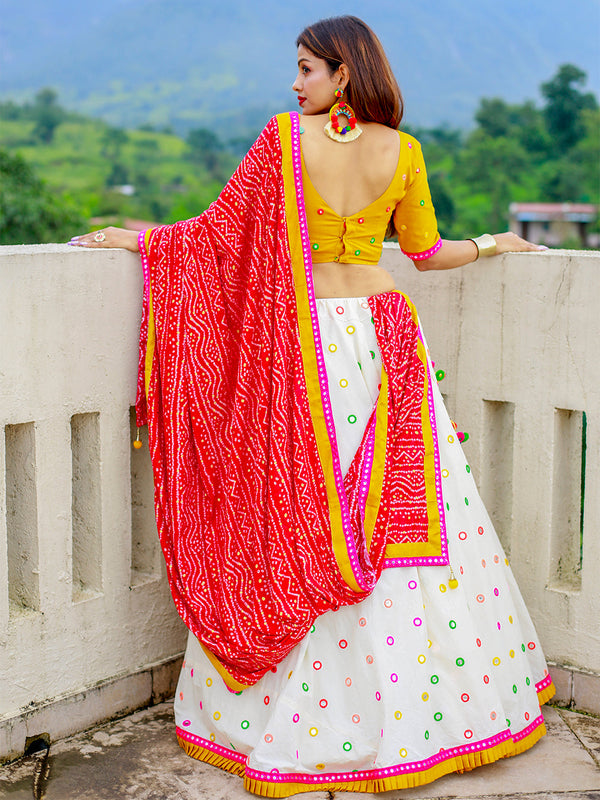 White Color Paper Mirror Work with Lace Border And Pure Cotton Lahenga Clothsvilla