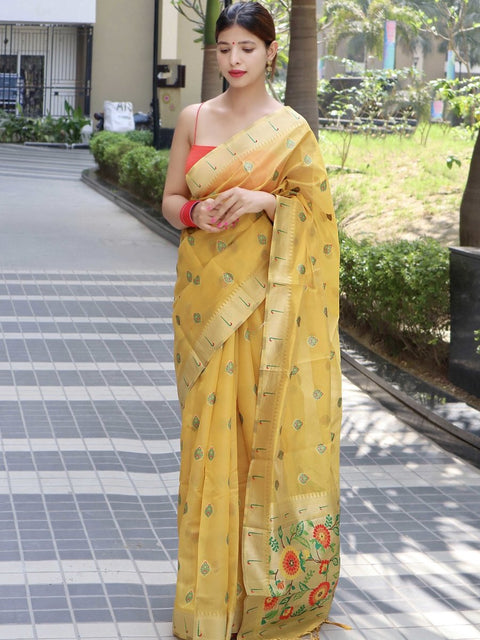 Parineeti Paithani Organza Woven Saree Pastel Yellow Clothsvilla Main image