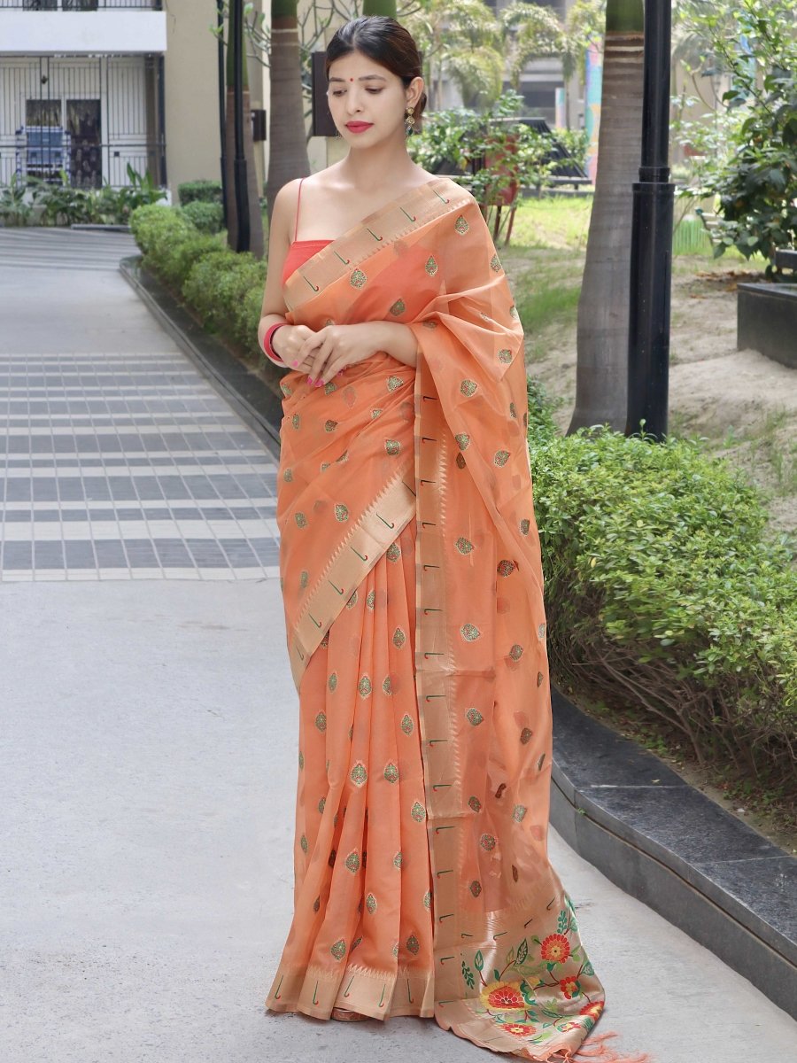 Parineeti Paithani Organza Woven Saree Peach Orange Clothsvilla