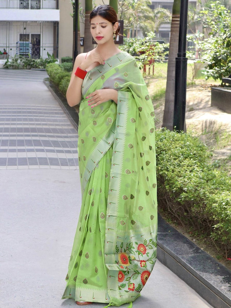 Pista Green Organza Party Wear Saree With Contrast Blouse