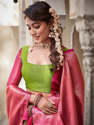 Parrot Color Zari Weaving Work Jacquard Silk South Indian Lehenga Choli ClothsVilla.com