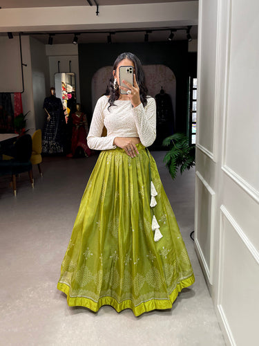 Parrot Color Digital Print Cora Chex Zari Border Co-Ord Set Lehenga Choli ClothsVilla.com
