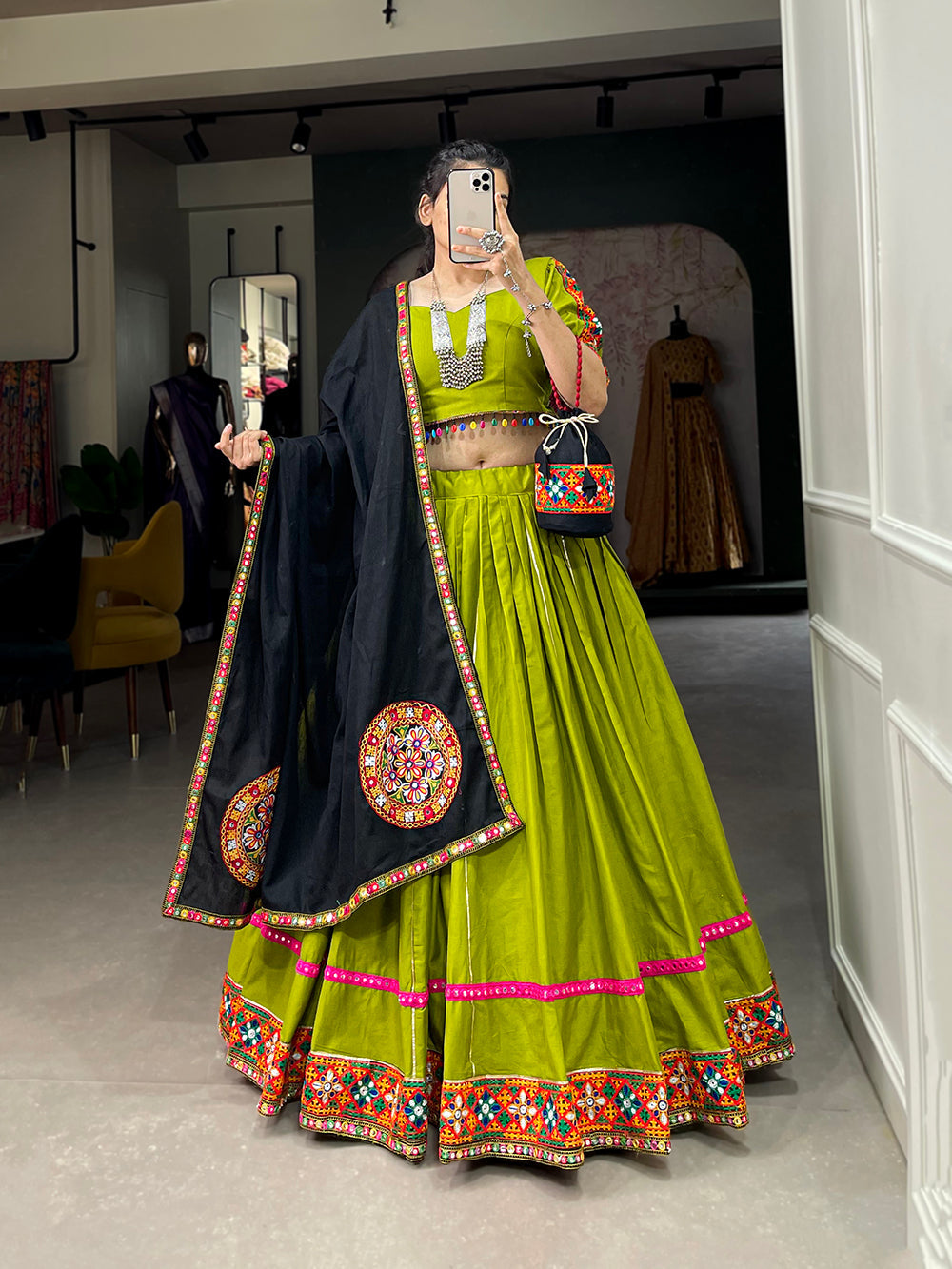 Parrot Color Gamthi Work With Paper Mirror Work Cotton Dandiya Choli ClothsVilla Main image