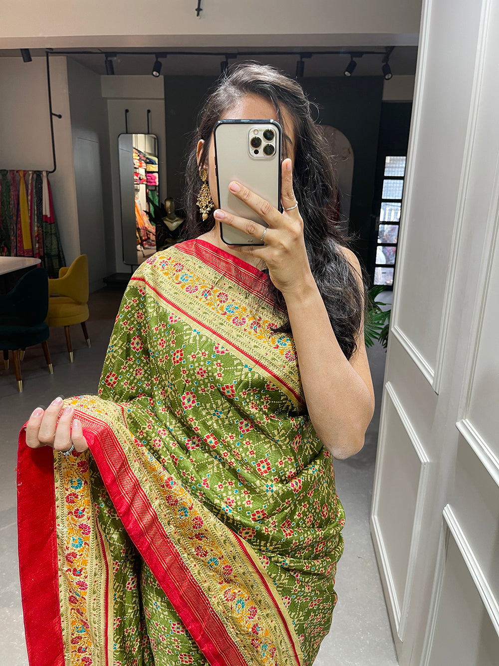 Parrot Color Foil Printed And Stone Work Dola Silk Saree Clothsvilla