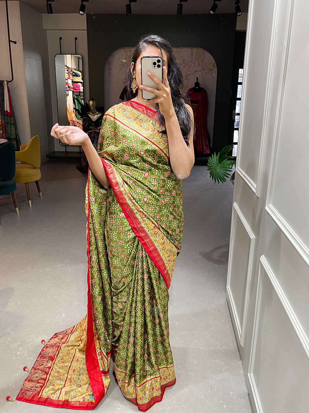 Parrot Color Foil Printed And Stone Work Dola Silk Saree Clothsvilla