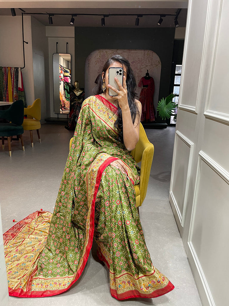 Parrot Color Foil Printed And Stone Work Dola Silk Saree Clothsvilla