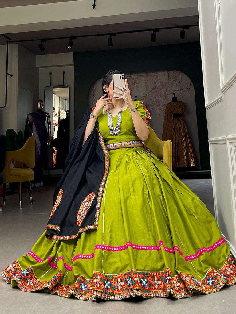Parrot Color Gamthi Work With Paper Mirror Work Cotton Dandiya Choli ClothsVilla