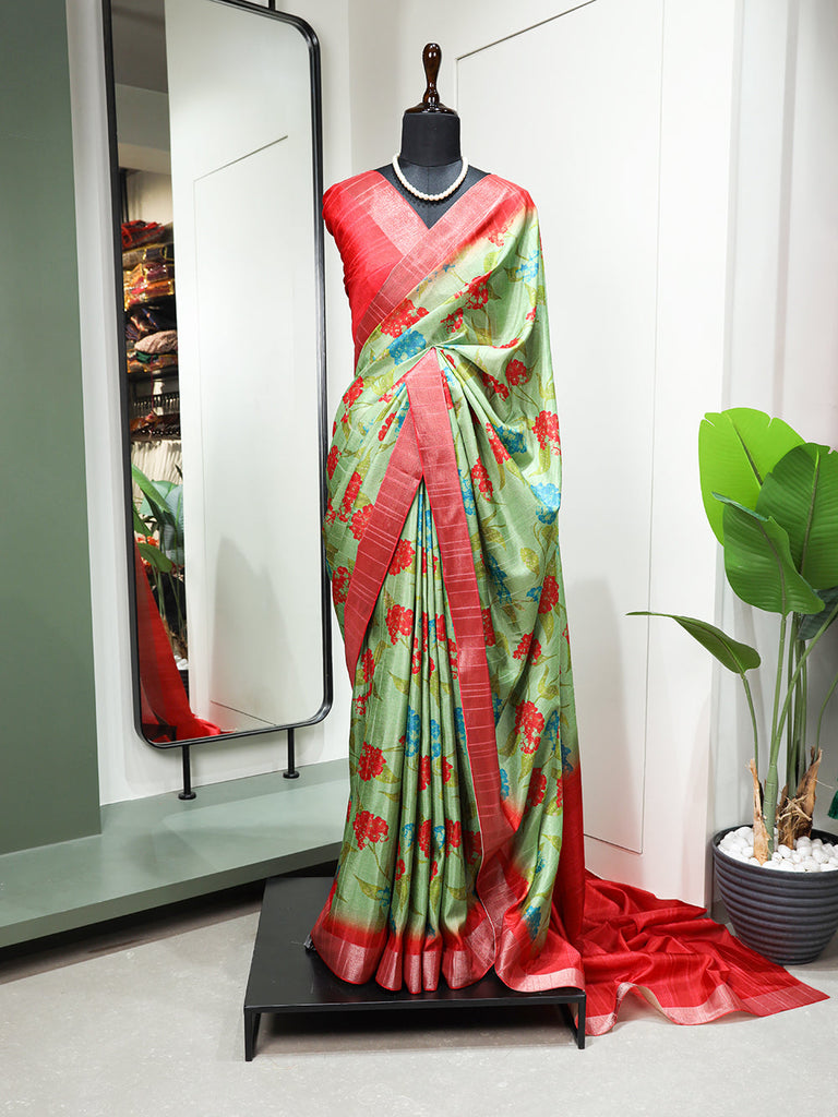 Parrot Color Digital Printed Handloom Kotha Border Saree Clothsvilla