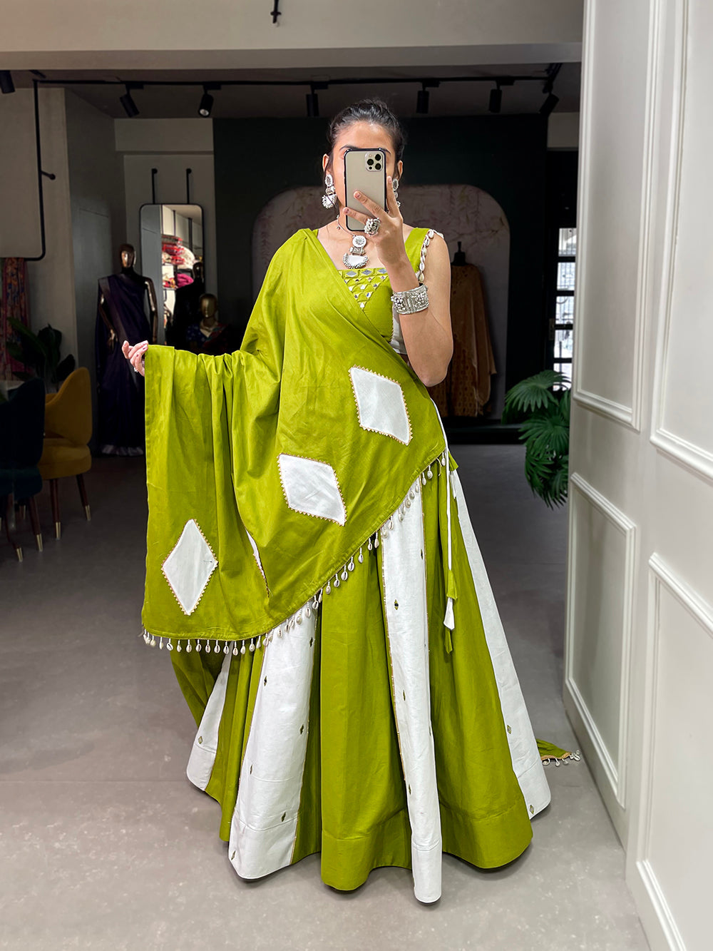 Parrot Color Mirror Work With Gota Patti Cotton Chaniya Choli ClothsVilla