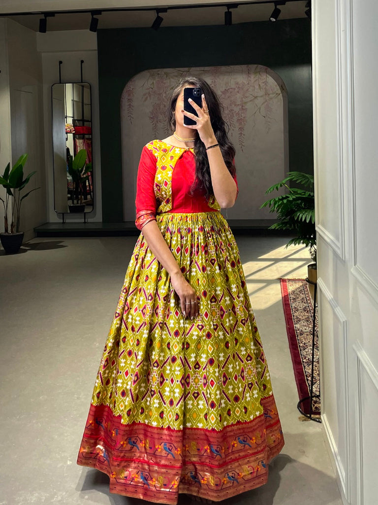 gown paithani dress design Choli Paithani Gown Online Mustered Color Weaving Zari Work Jacquard Silk Paithani Gown Clothsvilla