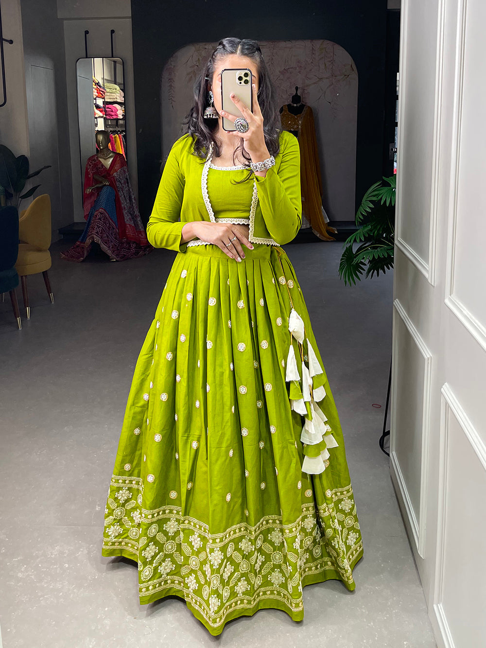 Parrot Color Sequins And Lucknowi Work Cotton Co-Ord Set Lehenga Choli ClothsVilla.com
