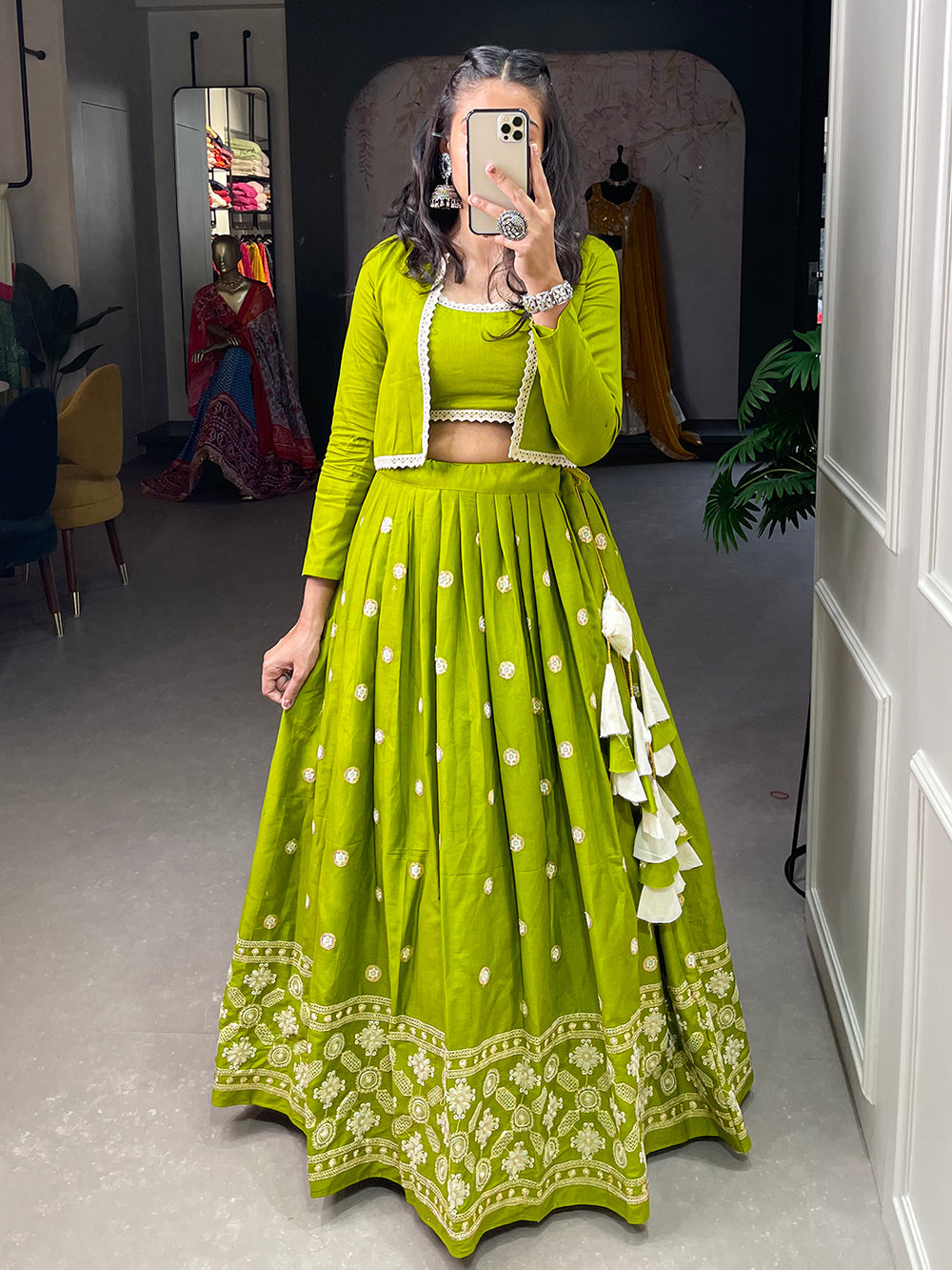 Parrot Color Sequins And Lucknowi Work Cotton Co-Ord Set Lehenga Choli ClothsVilla.com