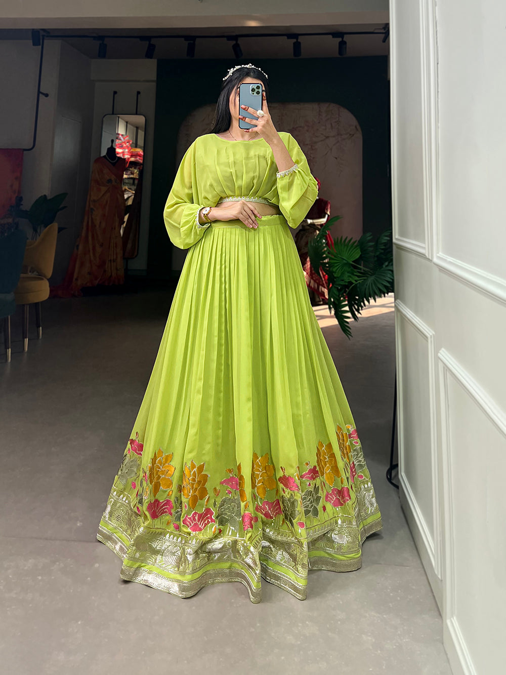 Parrot Color Sequins And Thread Embroidery Work Georgette Lehenga Choli Clothsvilla Main image