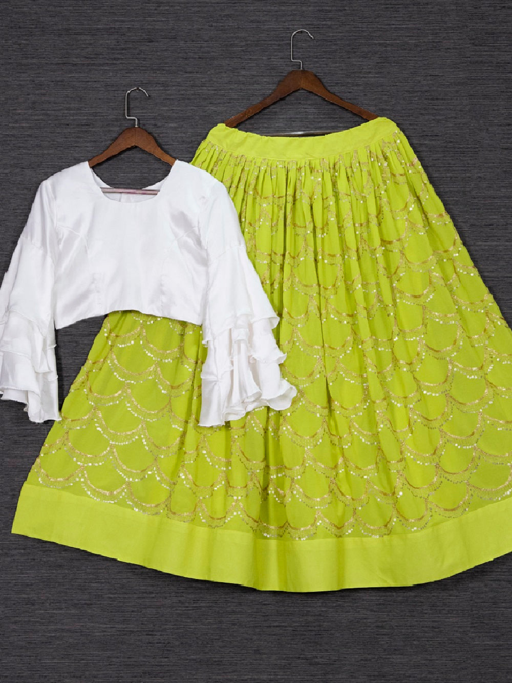 Parrot Color Sequins Embroidery Work Georgette Two Piece Lehenga ClothsVilla.com
