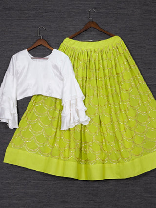 Parrot Color Sequins Embroidery Work Georgette Two Piece Lehenga ClothsVilla.com