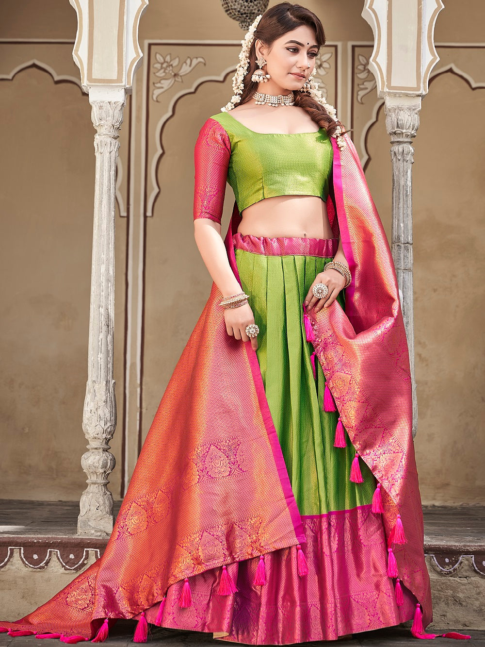 Parrot Color Zari Weaving Work Jacquard Silk South Indian Lehenga Choli ClothsVilla.com Main image