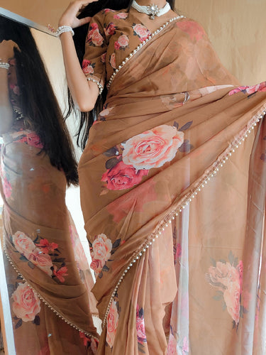 Brown Color Printed With Peral Lace Border Georgette Saree Clothsvilla