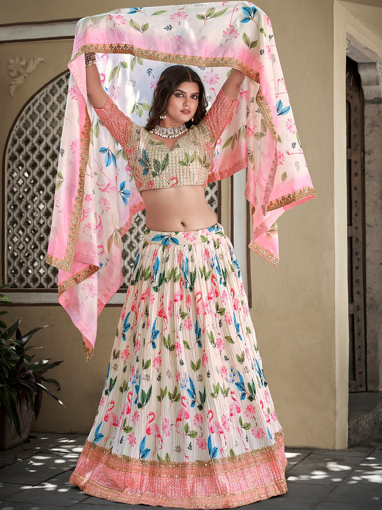 White Color Digital Print With Sequins Embroidery Work Crushed Chinon Lehenga Choli ClothsVilla.com