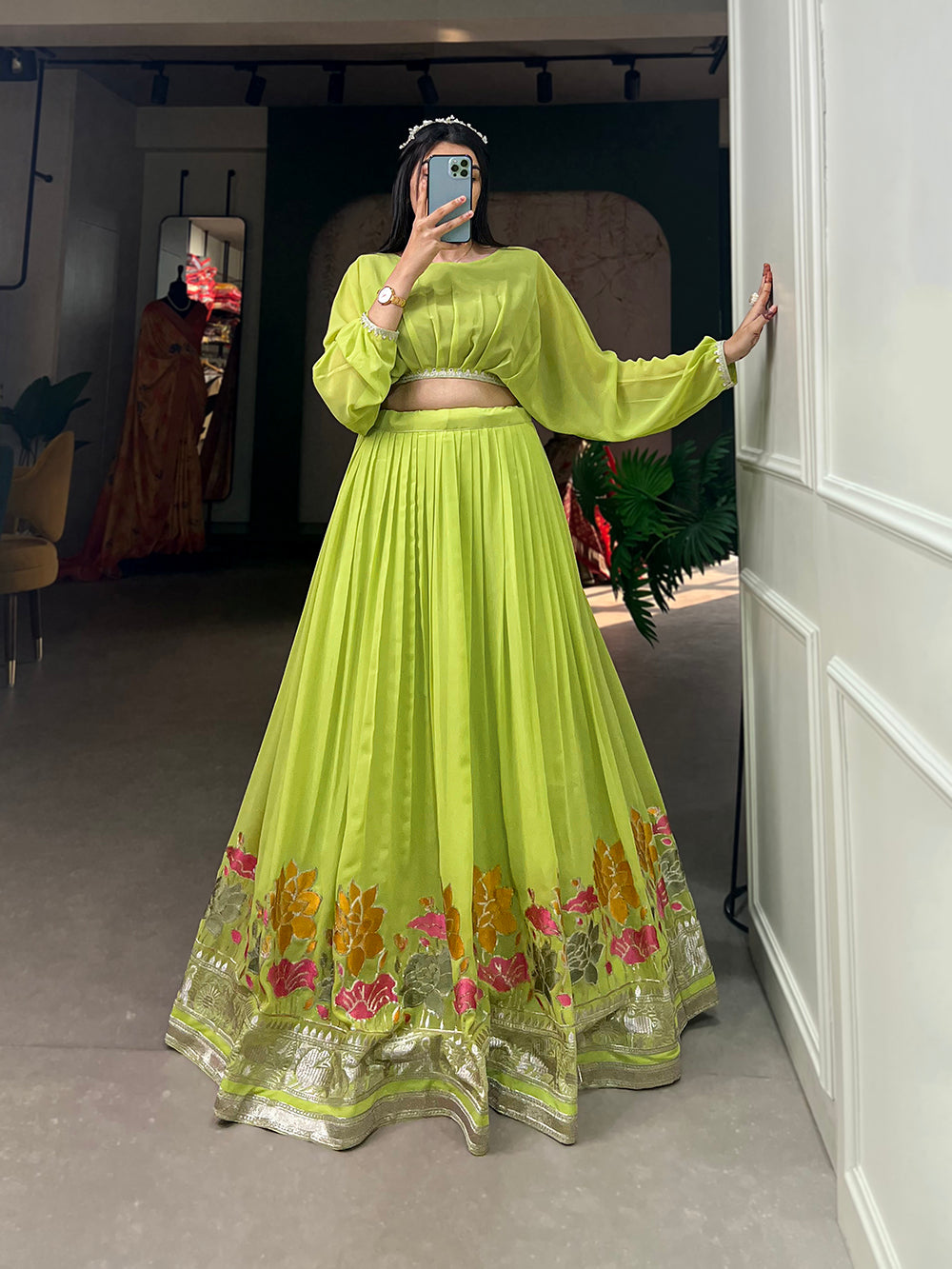 Parrot Color Sequins And Thread Embroidery Work Georgette Lehenga Choli Clothsvilla