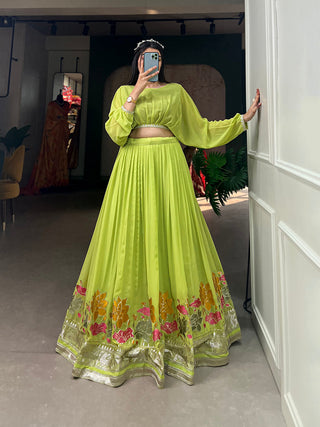 Parrot Color Sequins And Thread Embroidery Work Georgette Lehenga Choli Clothsvilla