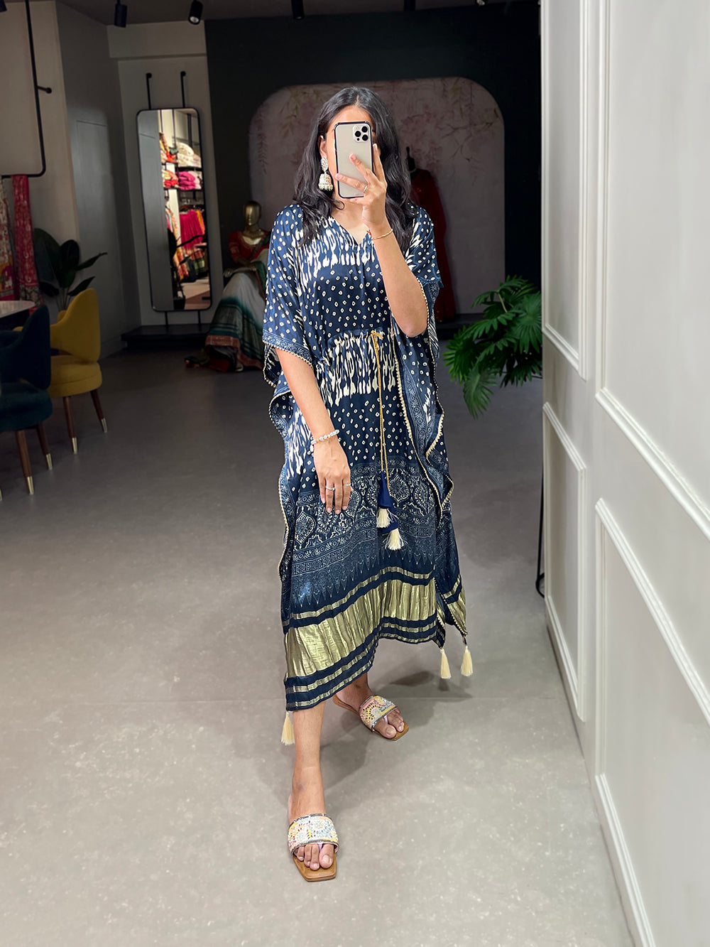 Navy Blue Color Patola Printed Gaji Silk Kaftan ClothsVilla.com