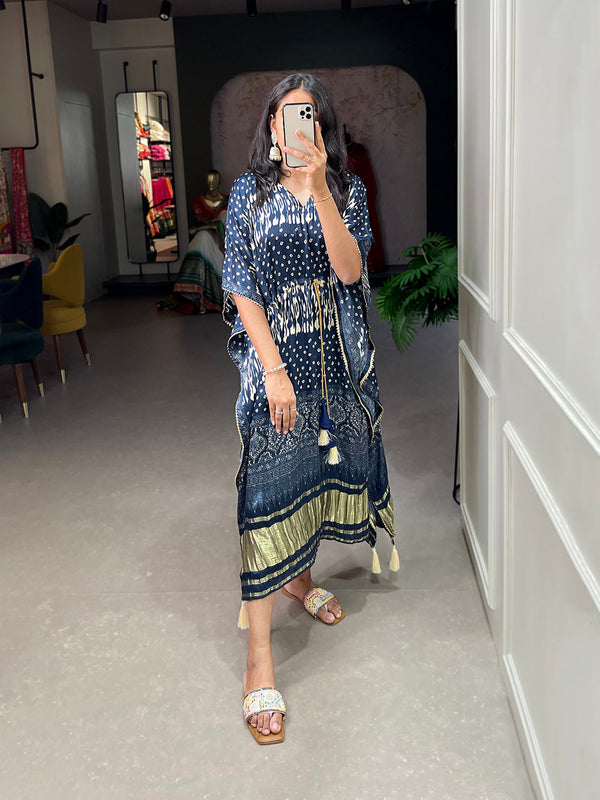 Navy Blue Color Patola Printed Gaji Silk Kaftan ClothsVilla.com