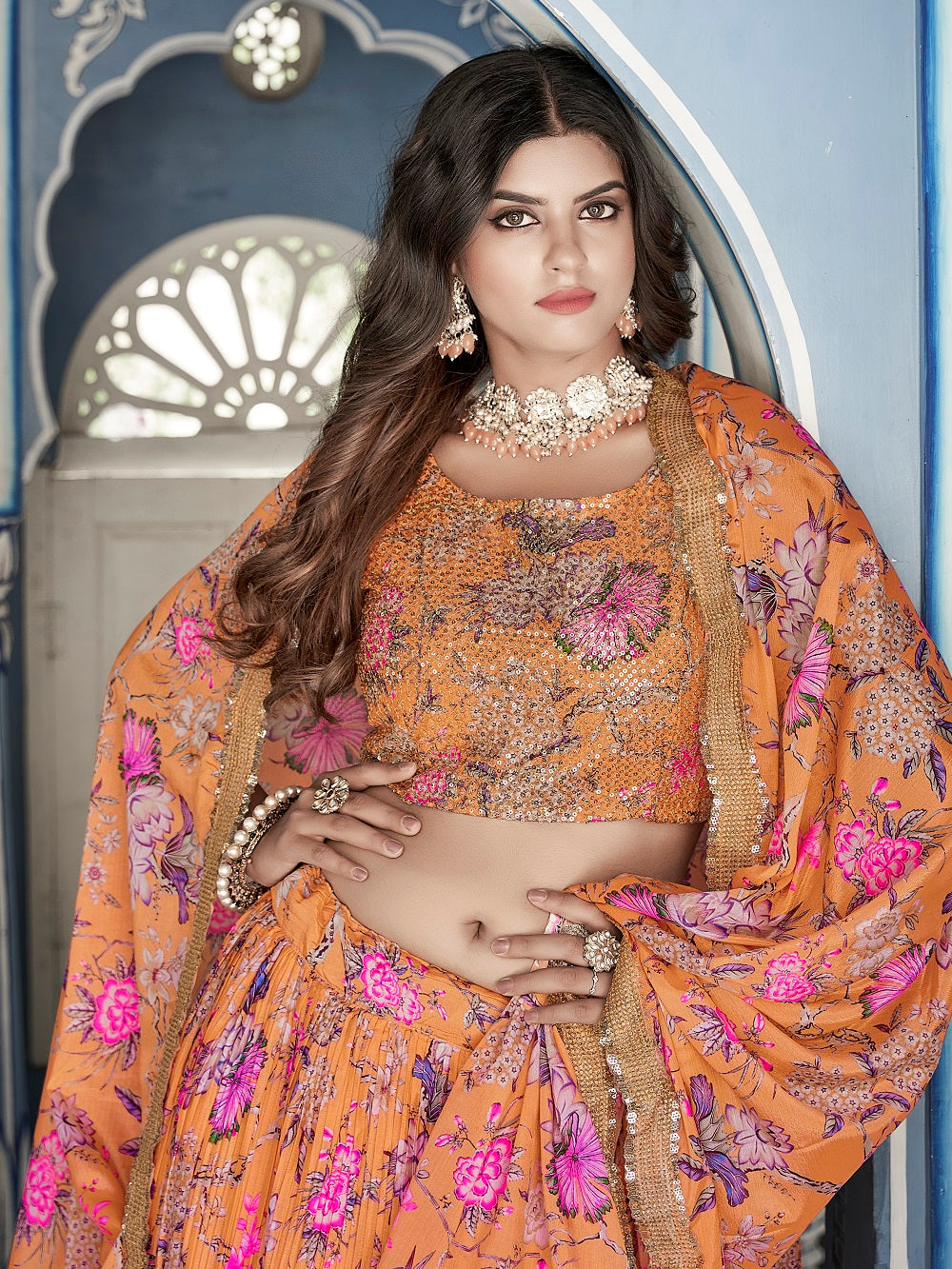 Orange Color Digital Print With Sequins Embroidery Work Crushed Chinon Lehenga Choli ClothsVilla.com