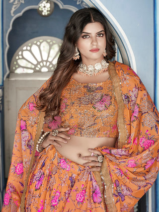 Orange Color Digital Print With Sequins Embroidery Work Crushed Chinon Lehenga Choli ClothsVilla.com