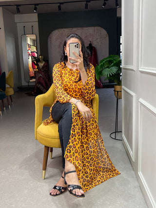 Mustard Color Animal Print Chiffon Kurti Clothsvilla