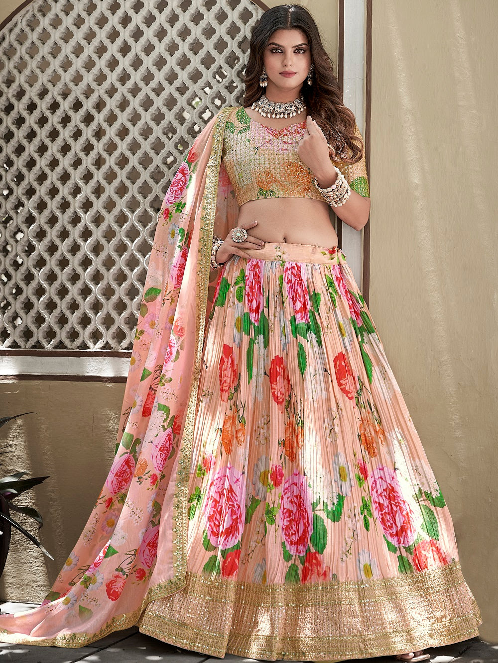 Peach Color Digital Print With Sequins Embroidery Work Crushed Chinon Lehenga Choli ClothsVilla.com Main image