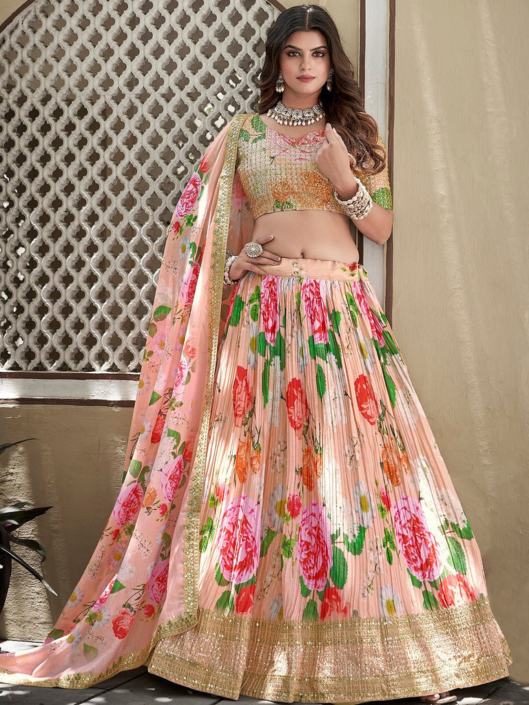 Peach Color Digital Print With Sequins Embroidery Work Crushed Chinon Lehenga Choli ClothsVilla.com