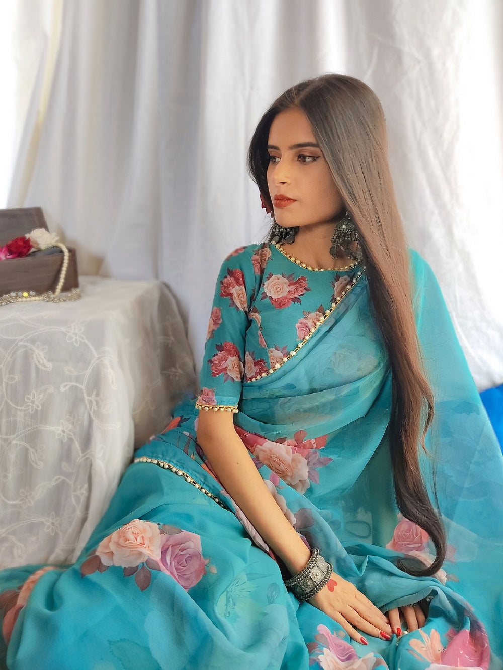 Green Color Printed With Pearl Lace Border Georgette Saree Clothsvilla