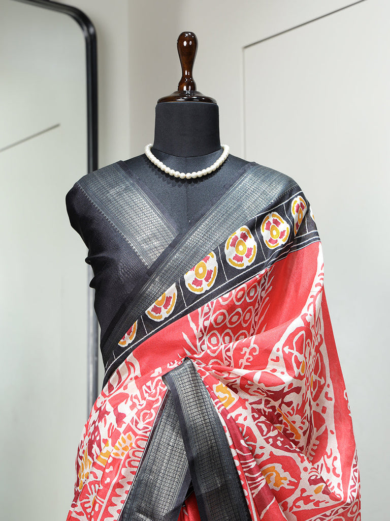 Red Color Printed With Zari Border Dola Silk Saree Clothsvilla