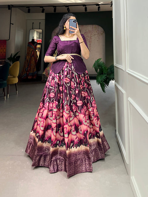 Wine Color Digital Print And Zari Weaving Work Dola Silk Lehenga Choli Clothsvilla Main image