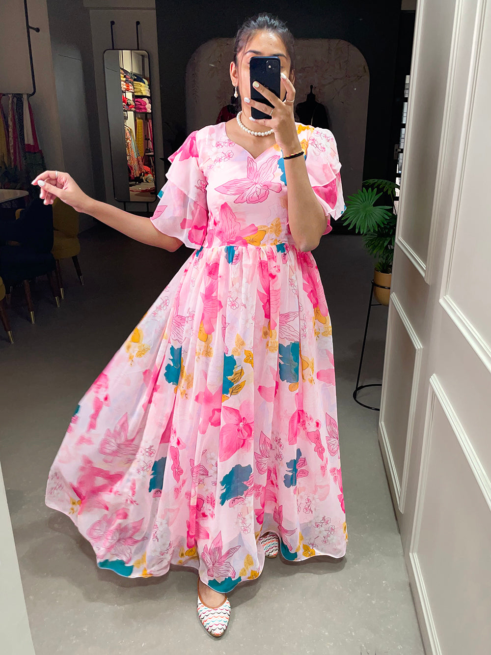 Baby Pink Color Floral Printed Georgette Gown Clothsvilla